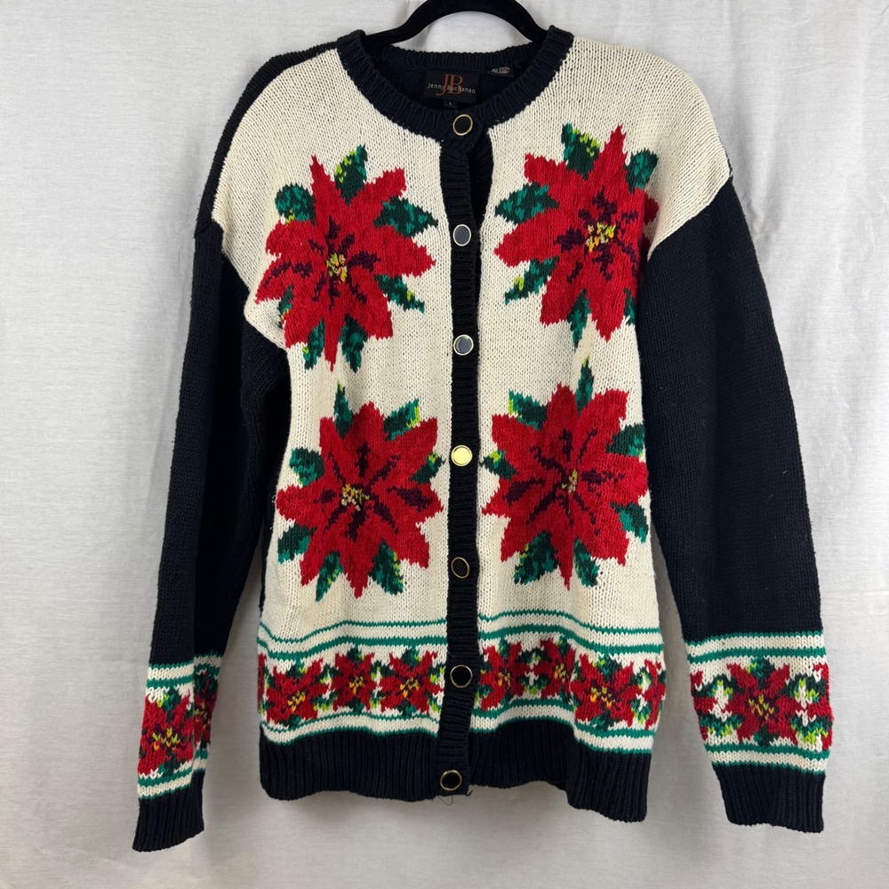 Vintage‎ Jenny Buchanan Poinsettia Ugly Christmas Cardigan Sweater Women's L